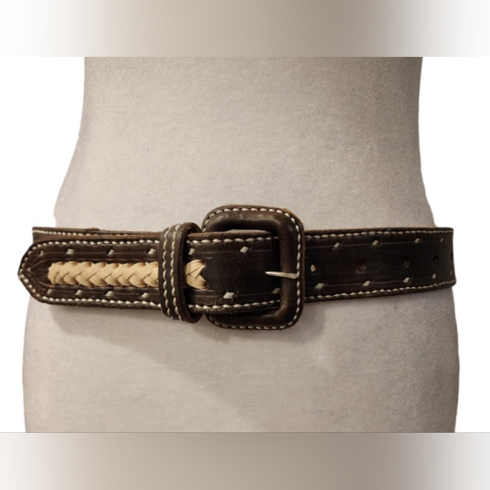 Cowboy Brown Belt with cow hide Inlay and white leather braiding
